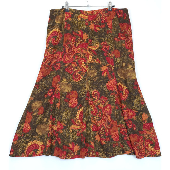 RQT Midi Trumpet Skirt Paisley Floral Women‎ 14 Olive Reds Mature Office Retro - Picture 2 of 10